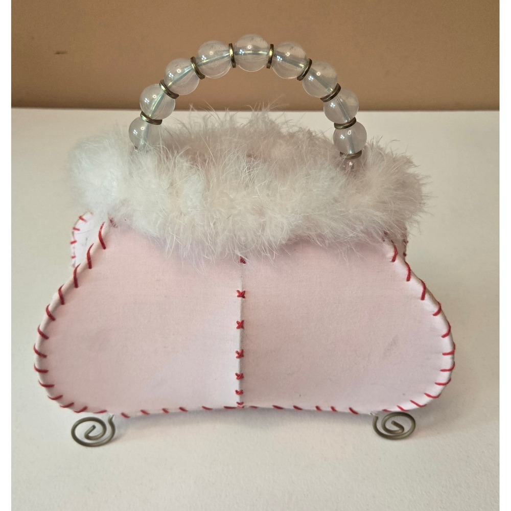 Vintage Pink Purse Accent Lamp Night Light Beaded Handle Marabou Feather Boudoir